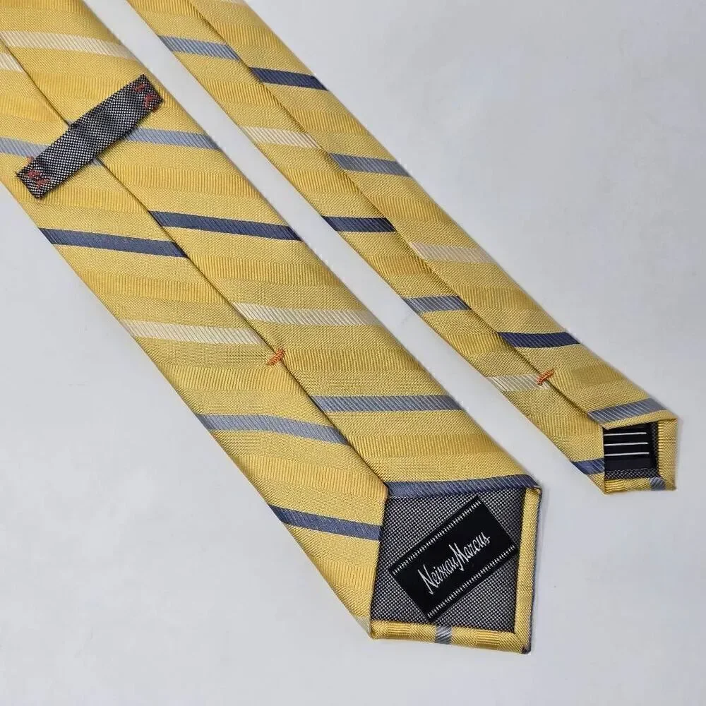 NEIMAN MARCUS SILK TIE YELLOW BLUE SATIN REPP STRIPE TEXTURED 3.25